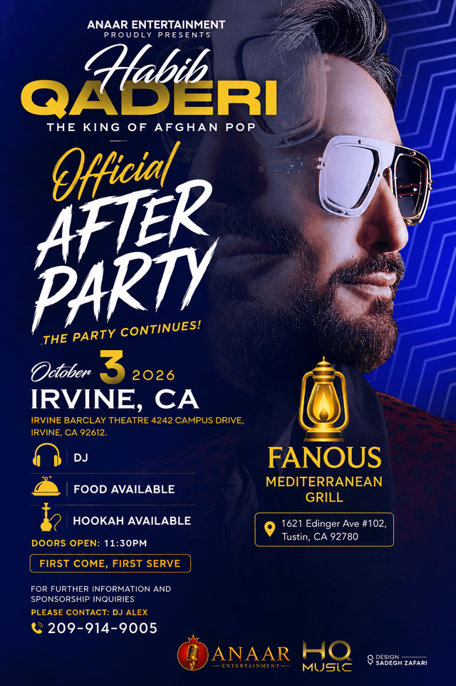 Habib Qaderi official after party poster, Fanous Mediterranean Grill, Tustin, CA, October 3, 2026